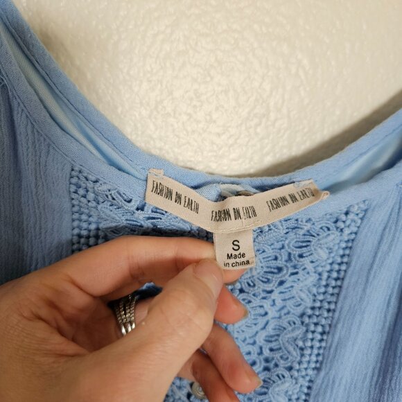 Fashion on Earth Blue Cold Shoulder Mini Dress - Women's S - Lace, Boho, Bell - Picture 3 of 10